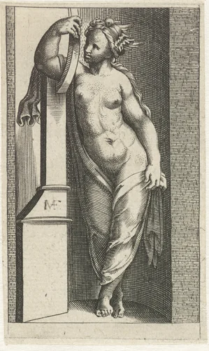 Vrouw met gevleugelde helm leunend op snaarinstrument by anonymous, print, 1510-1575