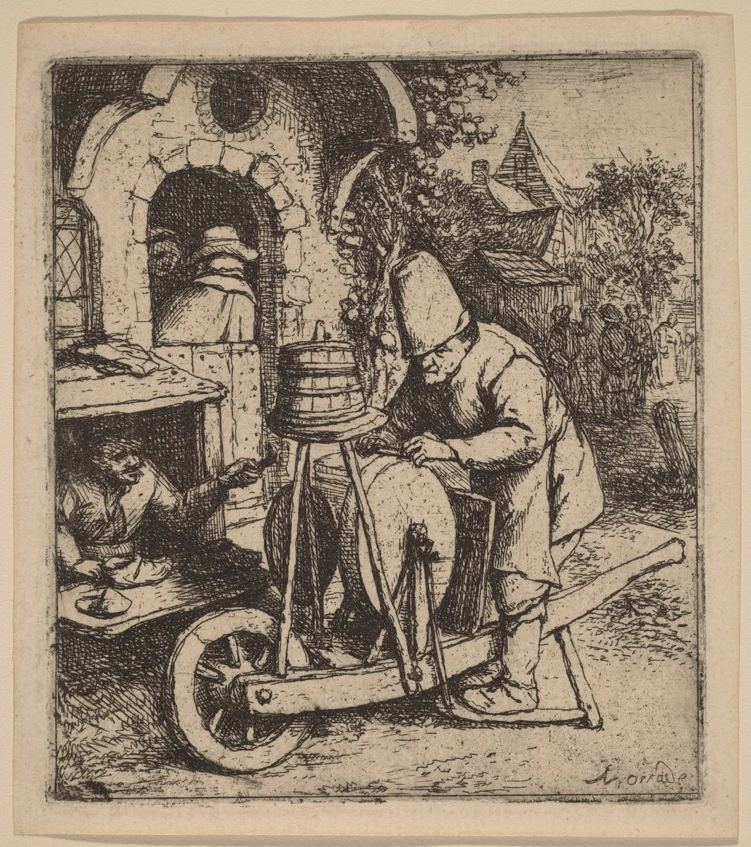 Knifegrinder at Work Outside a Cobbler's Workshop by Adriaen van Ostade, print, 1648-1658