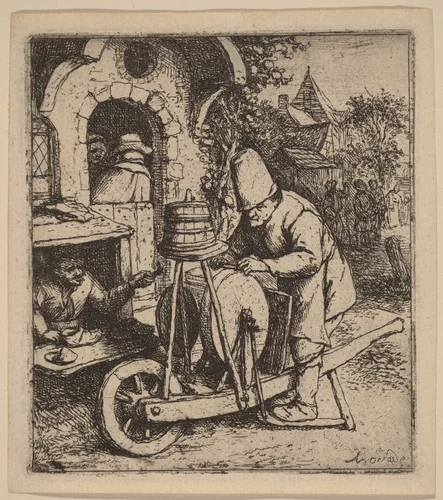 Knifegrinder at Work Outside a Cobbler's Workshop by Adriaen van Ostade, print, 1648-1658