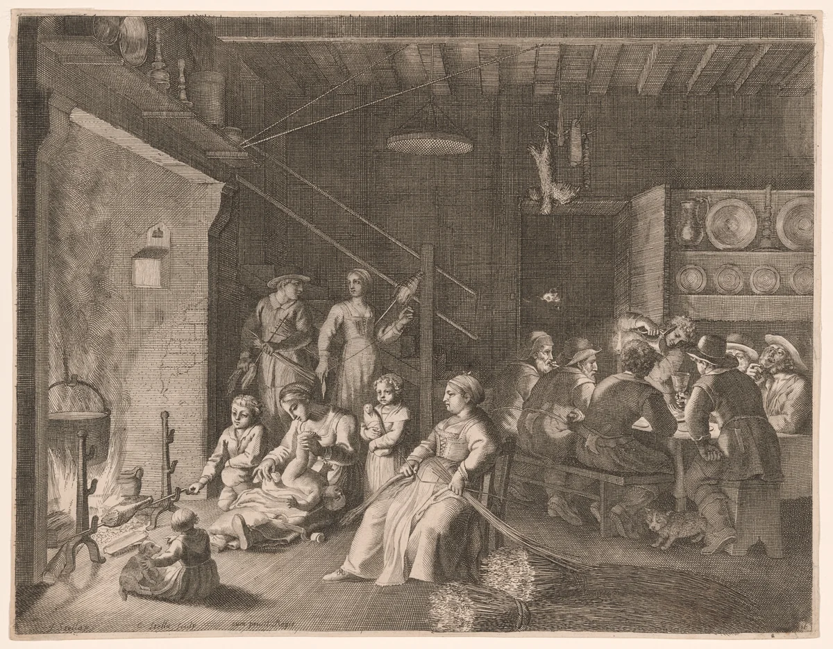 The Vigil at the Farm During Winter, Plate 16 from Pastorales by Claudine Bouzonnet-Stella, print, 1667