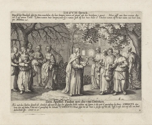 De dwaze en de wijze maagden by Pieter Serwouters, print, 1611