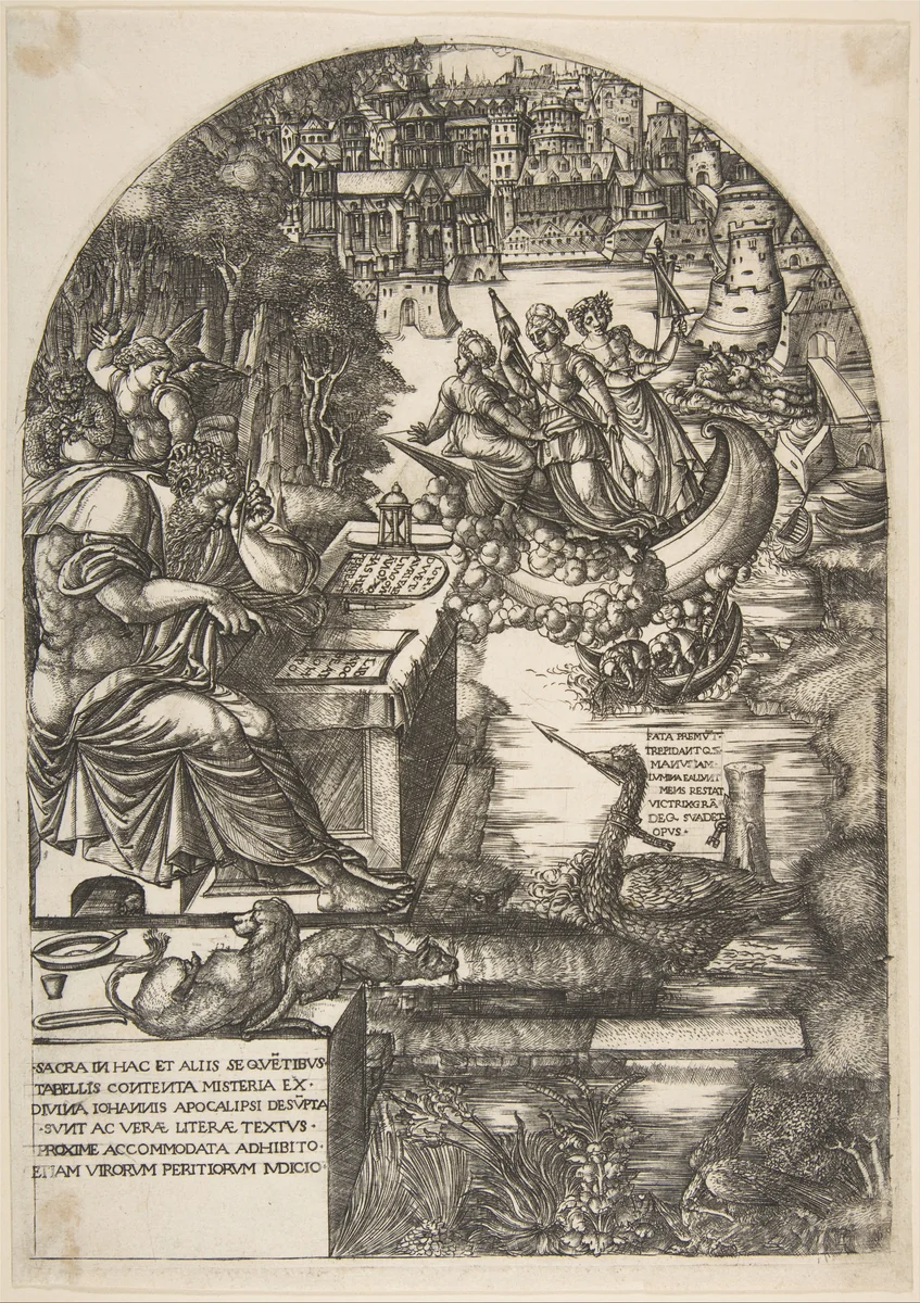 The artist Jean Duvet in the guise of St. John the Evangelist, sitting at a desk by Jean Duvet, print, 1541-1551