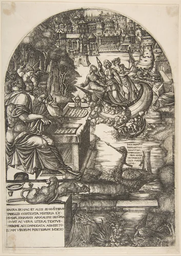 The artist Jean Duvet in the guise of St. John the Evangelist, sitting at a desk by Jean Duvet, print, 1541-1551