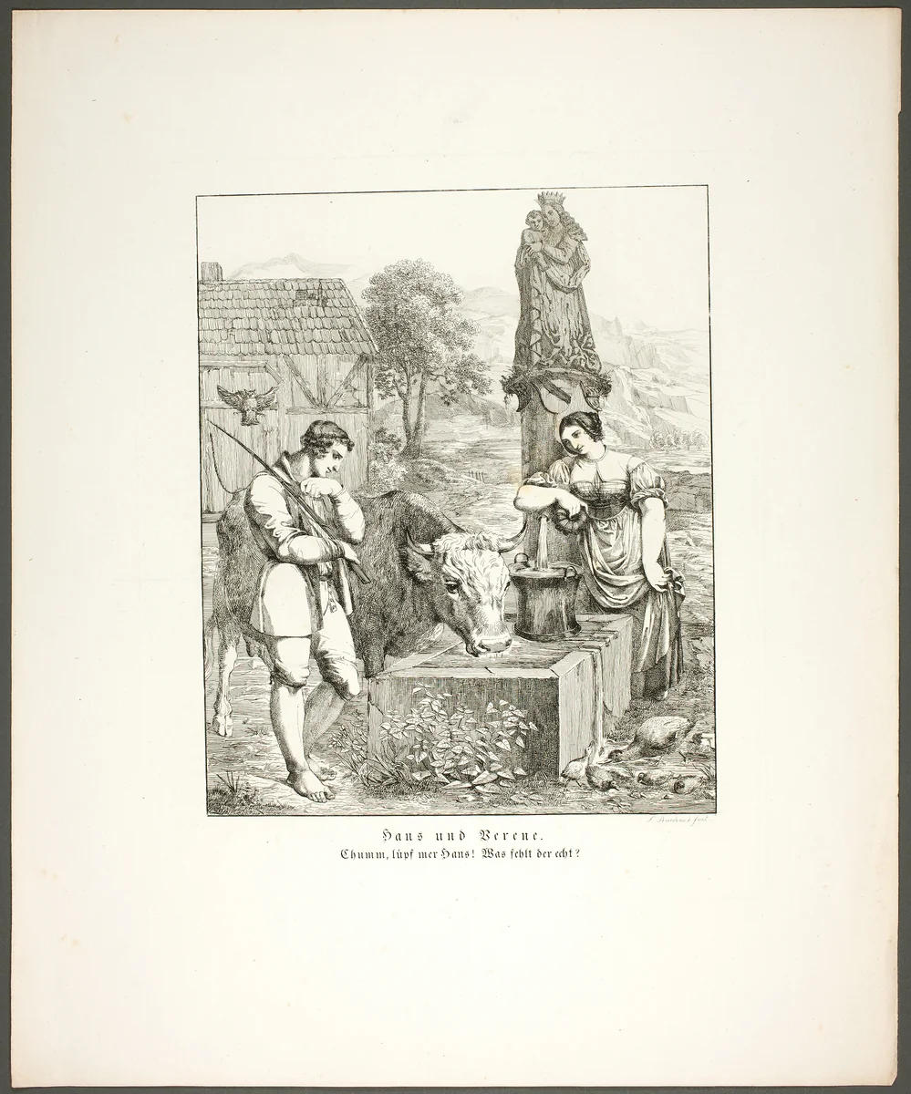 Hans and Verene (Hans und Berene), plate five from the series Poems in the Dialect of the Upper Rhine Region (Zehn Blätter Zu Hebels Alemannischen Gedichten) by Sophie Reinhard, print, 1820