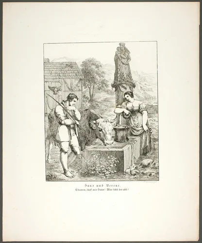 Hans and Verene (Hans und Berene), plate five from the series Poems in the Dialect of the Upper Rhine Region (Zehn Blätter Zu Hebels Alemannischen Gedichten) by Sophie Reinhard, print, 1820