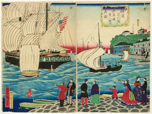 True View of the Foreign Buildings along the Waterfront Seen from the Yokohama Wharves (Yokohama hatoba yori kaigandori ijinkan no shinzu) by Utagawa Hiroshige III, print, 1870-1880