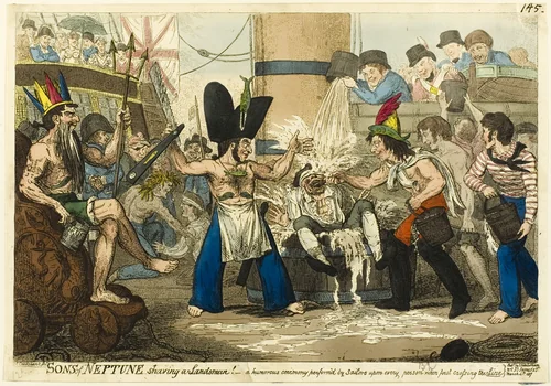 Sons of Neptune Shaving a Landsman! by Isaac Robert Cruikshank, print, 1817