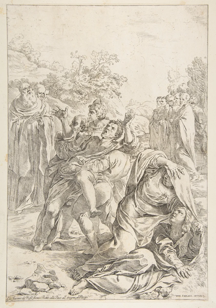 Saint Benedict exorcising a demon by Simone Cantarini, print, 1632-1642