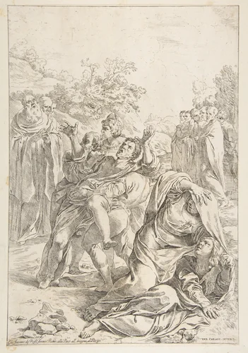 Saint Benedict exorcising a demon by Simone Cantarini, print, 1632-1642
