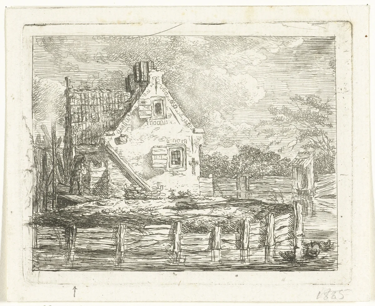 Stenen huis met erf aan het water by Albertus Brondgeest, print, 1796-1849