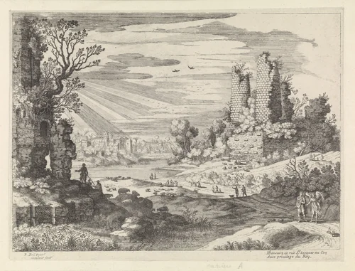 Italiaans landschap met Tobias en de engel by Unknown, print, 1594-1635