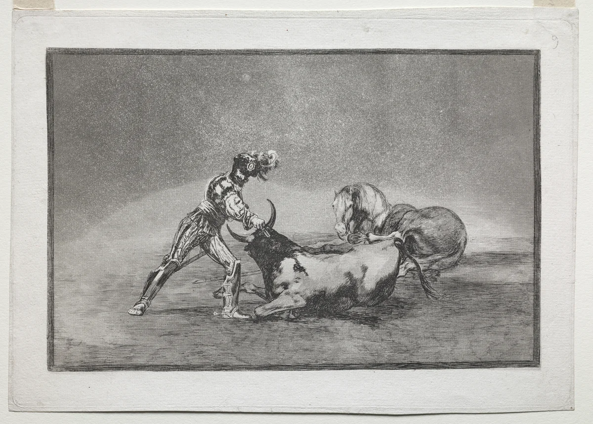 La Tauramaquia: A Spanish Knight Kills the Bull after Having Lost His Horse by Francisco de Goya, print, 1815-1816