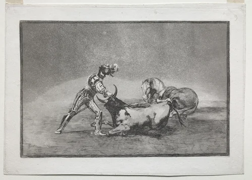 La Tauramaquia: A Spanish Knight Kills the Bull after Having Lost His Horse by Francisco de Goya, print, 1815-1816