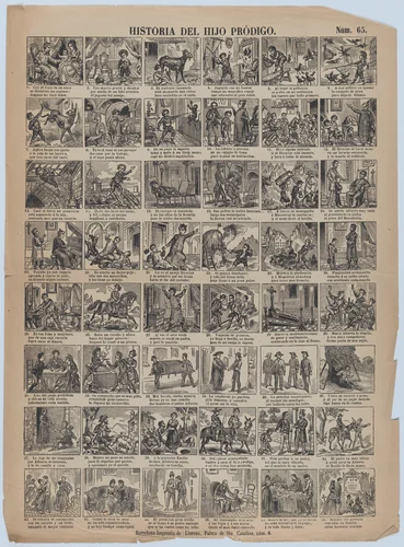 Broadside with 48 scenes relating to the story of the prodigal son by Juan Llorens, print, 1855-1865