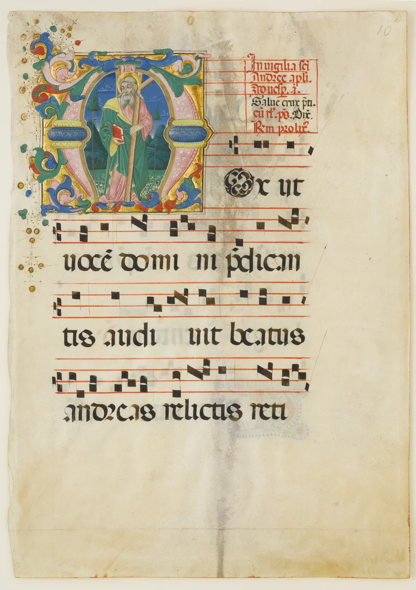 Manuscript Leaf with the Feast of Saint Andrew in an Initial M, from an Antiphonary by Master of the Riccardiana Lactantius, manuscript, 1450-1499