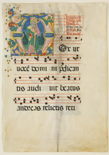 Manuscript Leaf with the Feast of Saint Andrew in an Initial M, from an Antiphonary by Master of the Riccardiana Lactantius, manuscript, 1450-1499
