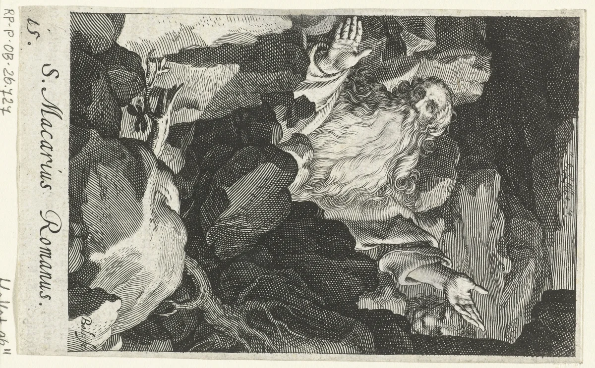Heilige Macarius Romanus van Mesopotamië als kluizenaar by Unknown, print, 1590-1612