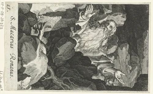 Heilige Macarius Romanus van Mesopotamië als kluizenaar by Unknown, print, 1590-1612