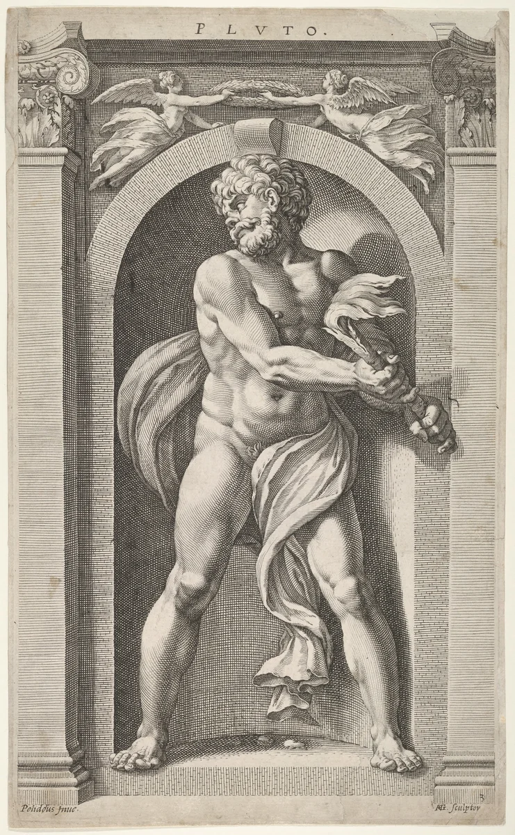 Pluto; on verso sketches of a figure, four heads, and a column by Hendrick Goltzius, print, 1592