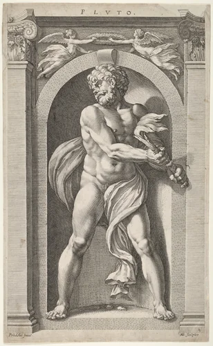 Pluto; on verso sketches of a figure, four heads, and a column by Hendrick Goltzius, print, 1592