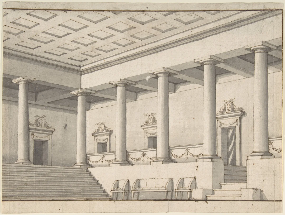 Palace or Villa Interior, Colonnaded Hall by anonymous, drawing, 1700-1750
