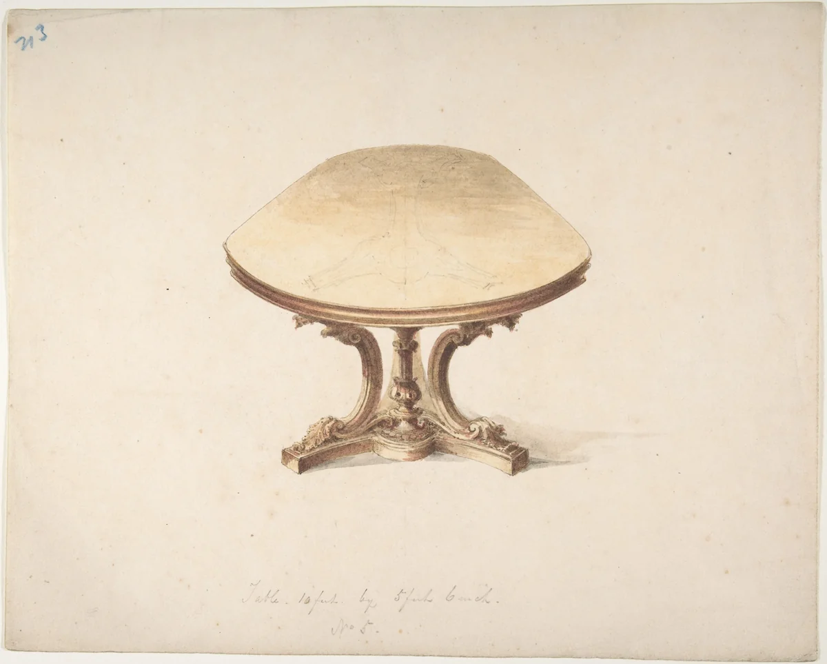 Design for a Dining Table, with Carved Pedestal-style Leg by anonymous, drawing, 1800-1850