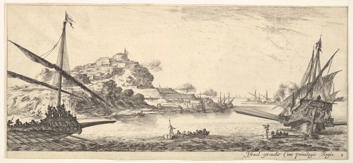 Plate 8: A the bow of a galley at left and another galley at right, seen from behind, two rowboats in center, a hill with a fortress in the background, from "Various Landscapes" (Divers Paysages) by Stefano della Bella, print, 1636-1646