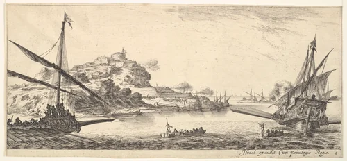 Plate 8: A the bow of a galley at left and another galley at right, seen from behind, two rowboats in center, a hill with a fortress in the background, from "Various Landscapes" (Divers Paysages) by Stefano della Bella, print, 1636-1646