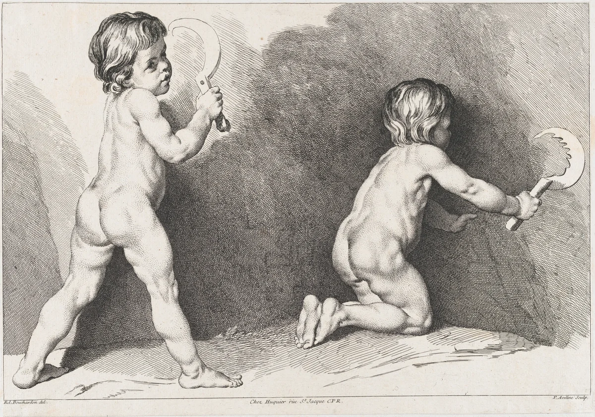 Two nude children standing, from "New Book of Children" by Pierre Alexandre Aveline, print, 1720-1760