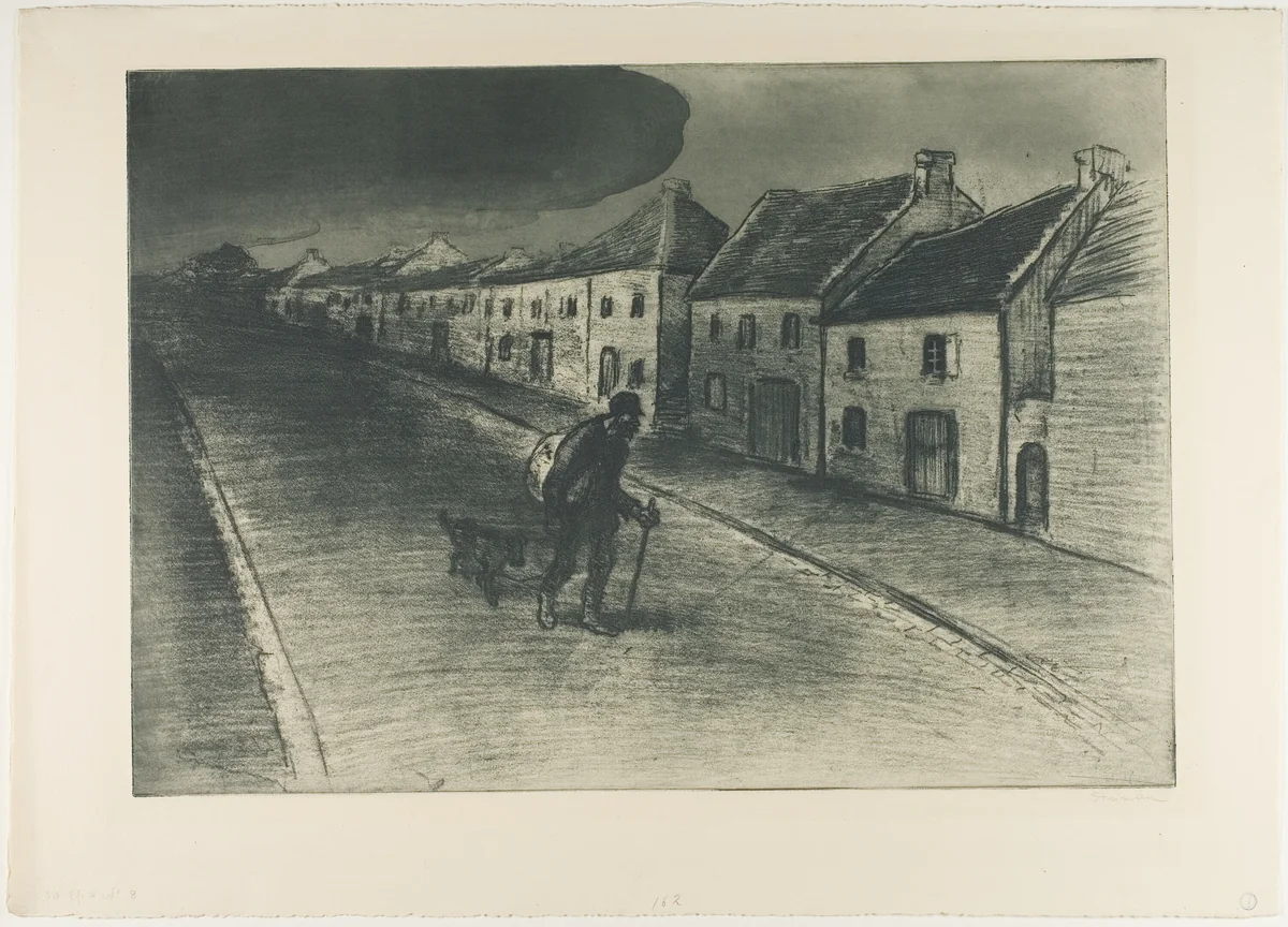 Tramp Passing Through a Sleeping Village by Théophile Alexandre Steinlen, print, 1902