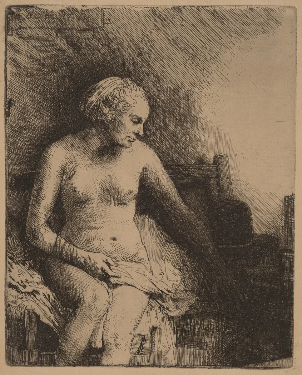Woman at the Bath with a Hat beside Her by Rembrandt van Rijn, print, 1658