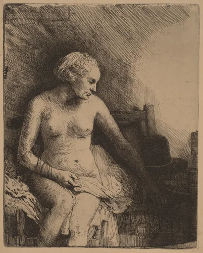 Woman at the Bath with a Hat beside Her by Rembrandt van Rijn, print, 1658