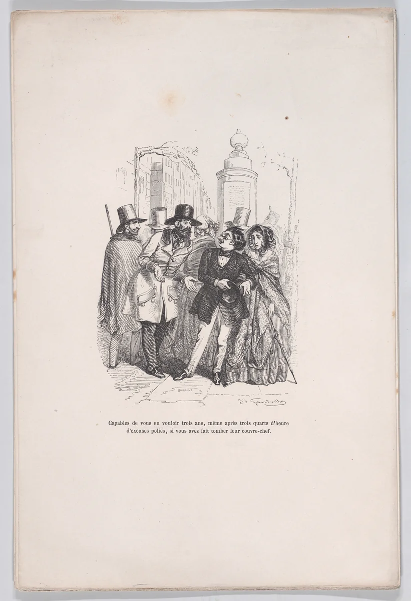 One would be able to blame you for three years if you dropped their hat, from "Little Miseries of Human Life" by J. J. Grandville, print, 1843