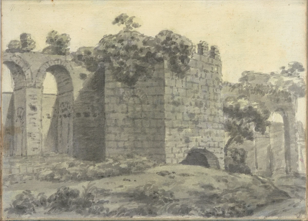 Roman ruins Including an arched aqueduct and tower (Smaller Italian sketchbook, leaf 2 recto) by Joseph Wright, drawing, 1774-1775