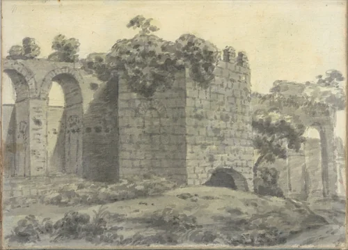 Roman ruins Including an arched aqueduct and tower (Smaller Italian sketchbook, leaf 2 recto) by Joseph Wright, drawing, 1774-1775
