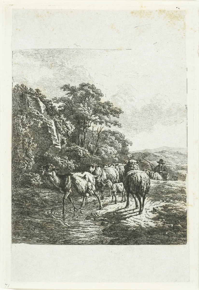 Kudde schapen en geiten bij een plas by Frédéric Théodore Faber, print, 1828-1831