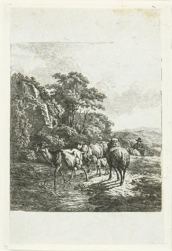 Kudde schapen en geiten bij een plas by Frédéric Théodore Faber, print, 1828-1831