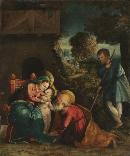 Holy Family with a Shepherd by Battista Dossi, painting, 1520-1525
