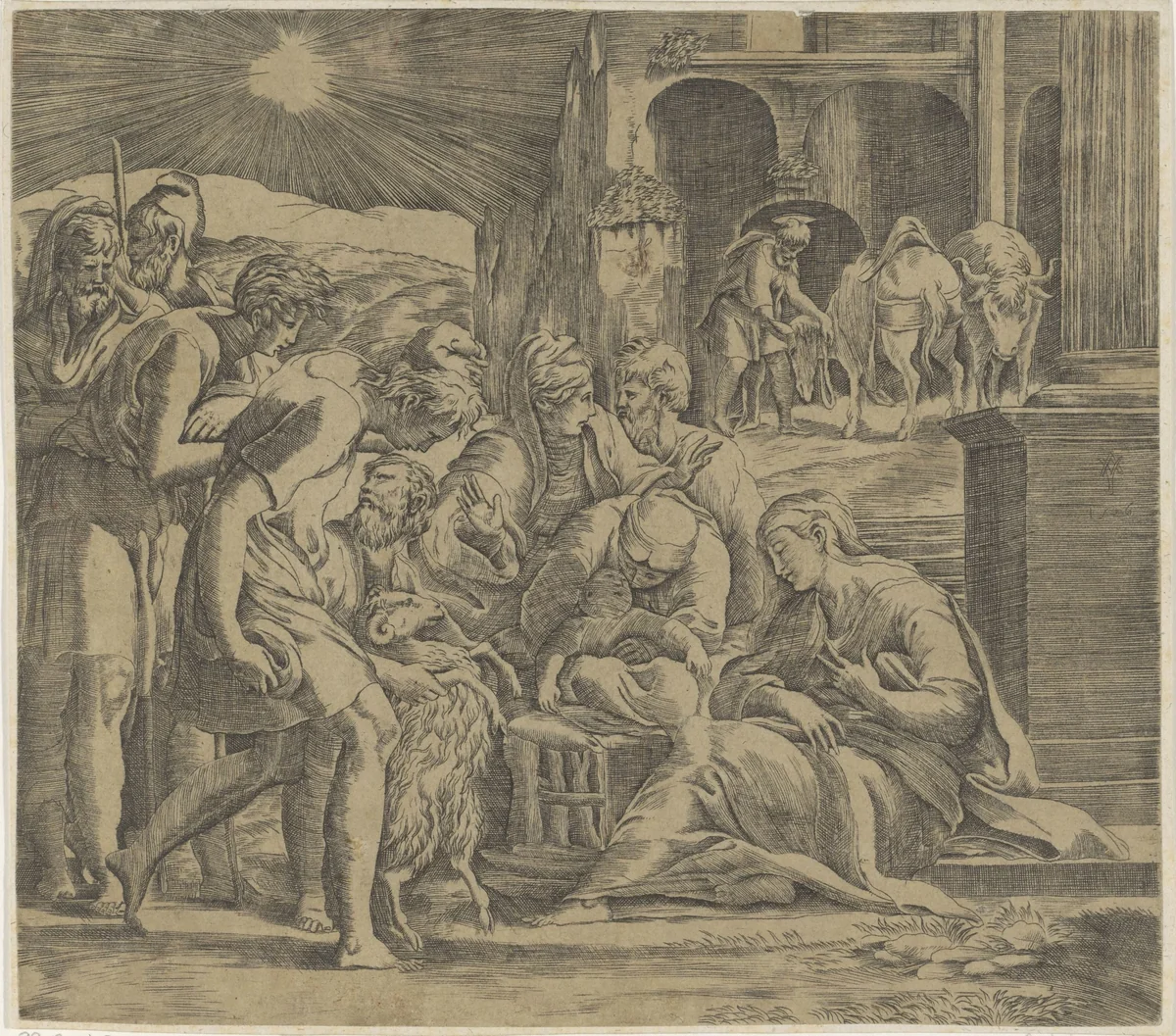 Aanbidding door de herders by Giovanni Jacopo Caraglio, print, 1526