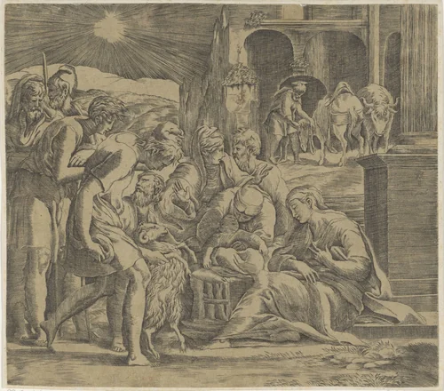 Aanbidding door de herders by Giovanni Jacopo Caraglio, print, 1526