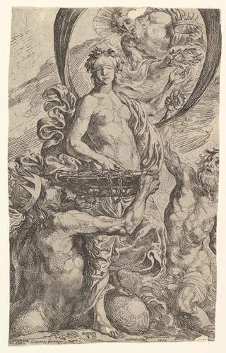 Jupiter, Pluto and Neptune Offering their Riches to Fortune by Pierre Brebiette, print, 1624