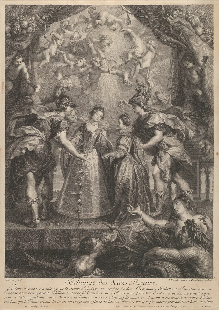 Plate 17: The exchange of the two princesses in Hendaye; allegorical scene with Anne of Austria and Elizabeth of Bourbon standing on a bridge holding hands, from "Recueil de la Galerie du Luxembourg" by Benoit Audran, print, 1707-1710