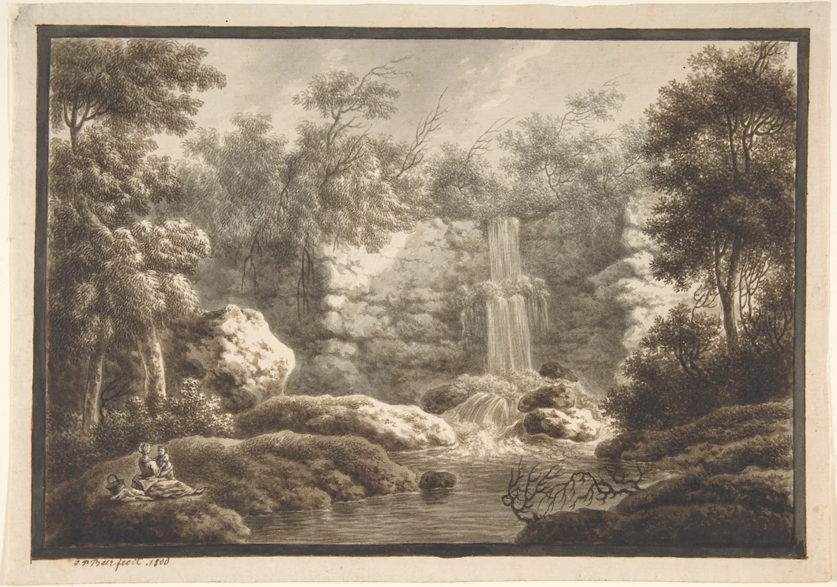 Landscape with Waterfall and a Mother and Child by Johann Peter Beer, drawing, 1800