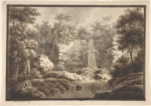Landscape with Waterfall and a Mother and Child by Johann Peter Beer, drawing, 1800