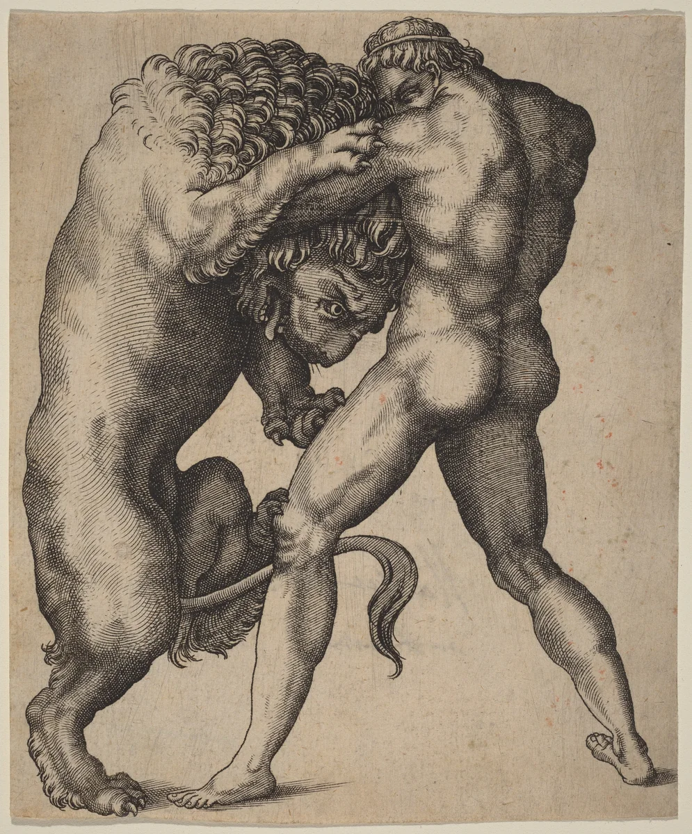 Hercules and the Nemean Lion by None, print, 1500-1599