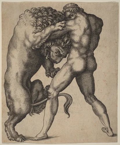 Hercules and the Nemean Lion by None, print, 1500-1599