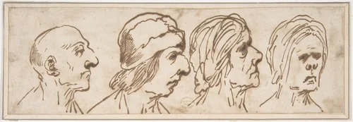 Four Caricatured Heads by Pier Francesco Mola, drawing, 1612-1666