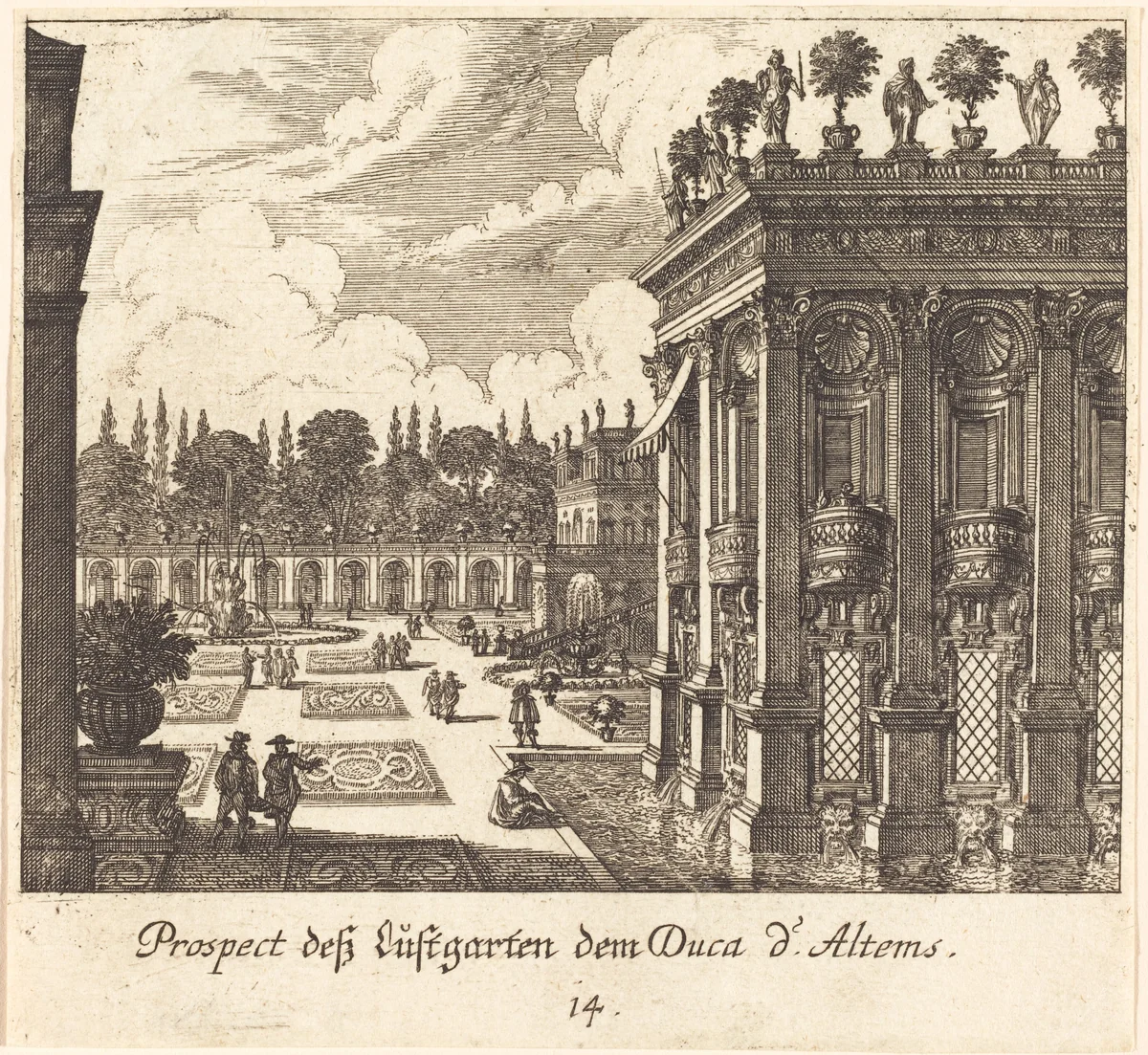 Gardens, Duke d'Altems by Melchior Küsel; Johann Wilhelm Baur, print, 1681