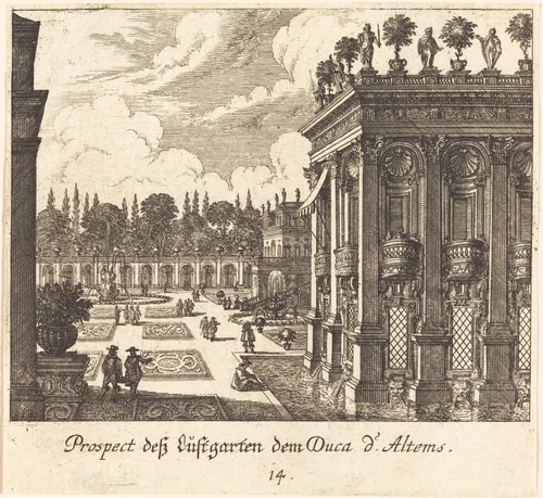Gardens, Duke d'Altems by Melchior Küsel; Johann Wilhelm Baur, print, 1681