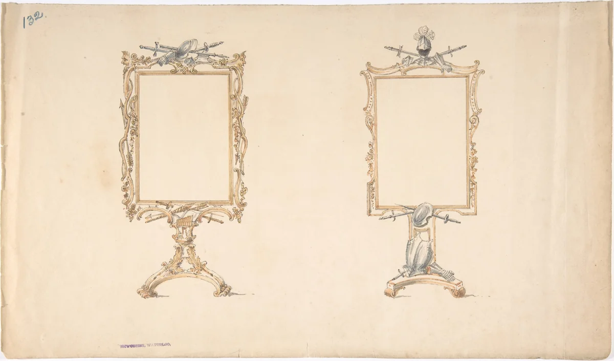 Designs for Two Mirror Frames Supported on Footed Pedestals with Armorial Ornament by anonymous, drawing, 1815-1840